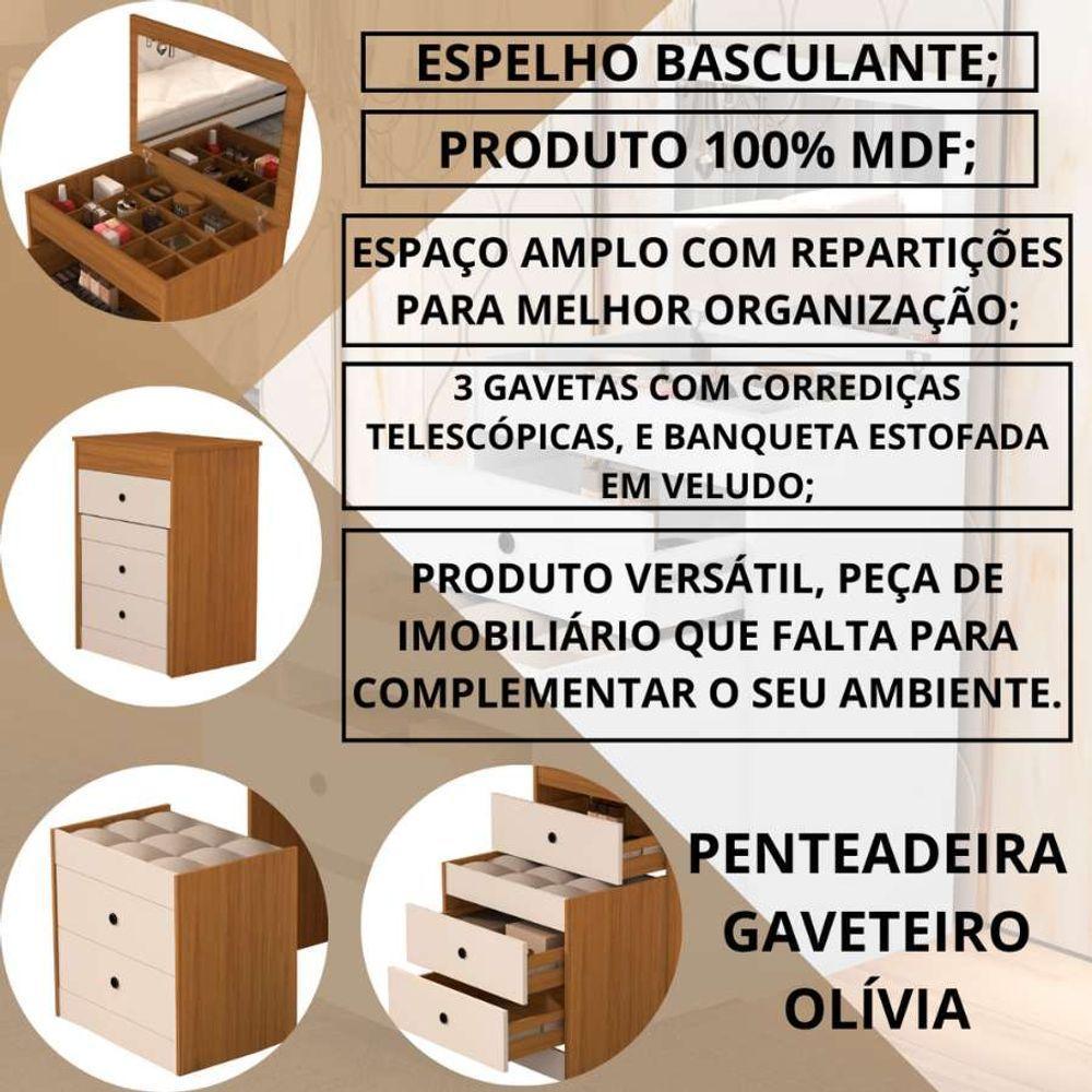 Penteadeira Cômoda Gaveteiro Com Banqueta Embutido 100% Mdf Espelho Basculante Nature/off White - 2
