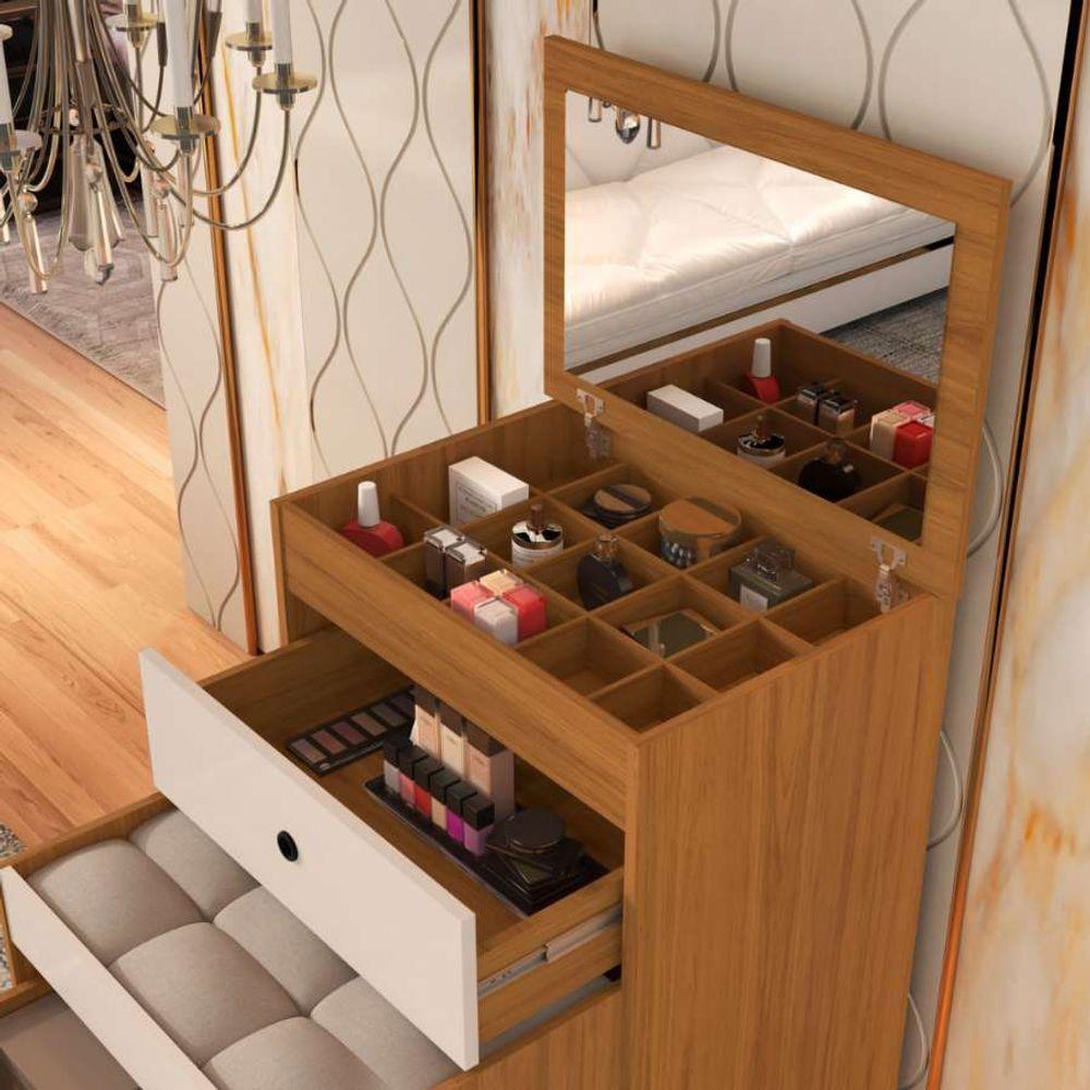 Penteadeira Cômoda Gaveteiro Com Banqueta Embutido 100% Mdf Espelho Basculante Nature/off White - 6