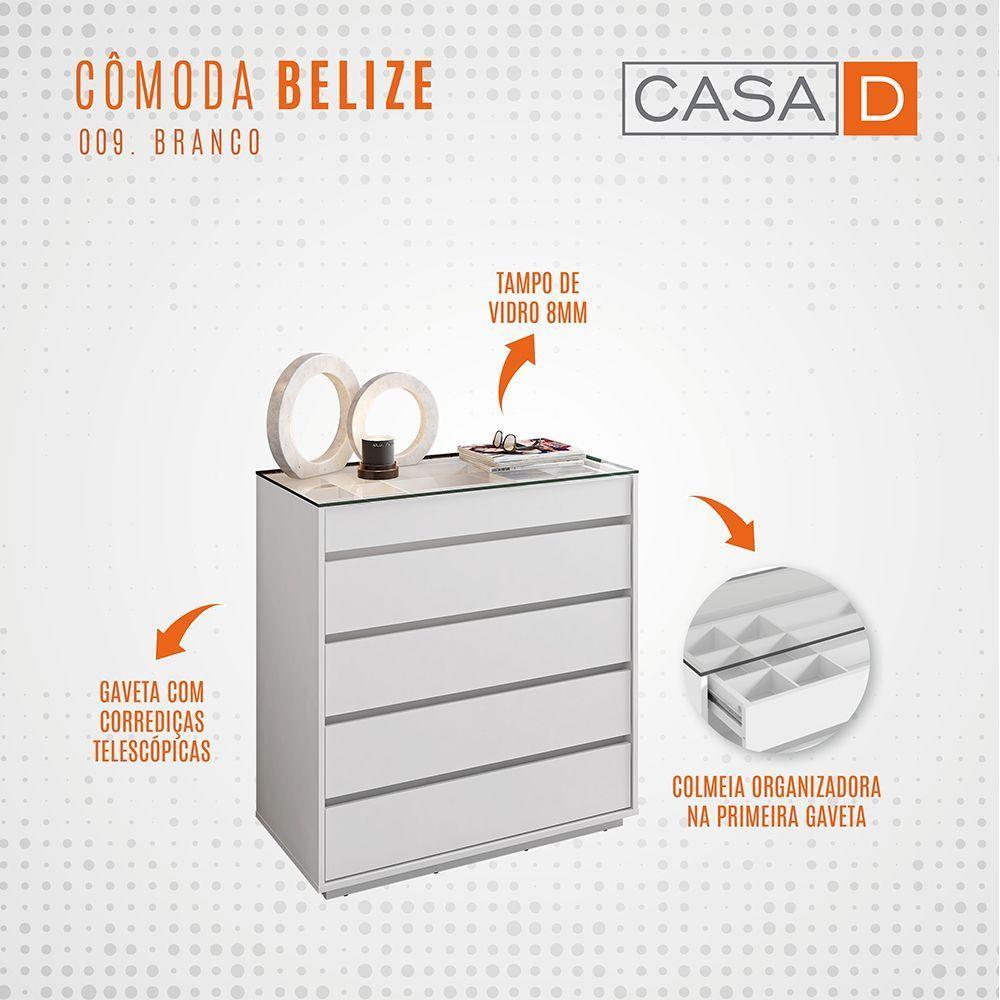 Cômoda Belize Versátile Com 5 Gavetas E Organizador Tampo De Vidro 90cm Branco - 5