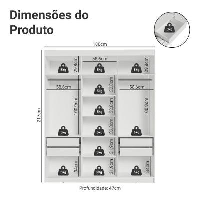 Guarda Roupa Casal Venus 6 Portas Batentes 4 Gavetas Branco-Branco-Preto Madesa