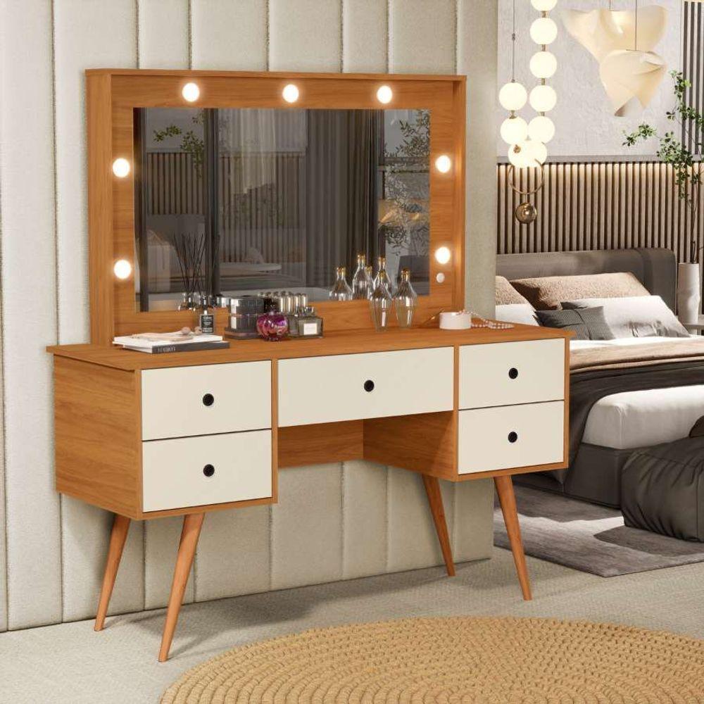 Penteadeira Camarim Com Led Espelho Bancada De Maquiagem Pé Madeira Retrô 5 Gaveta Nature / Offwhite - 2