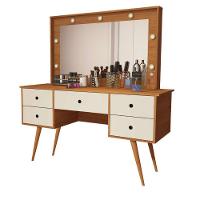 Penteadeira Camarim Com Led Espelho Bancada De Maquiagem Pé Madeira Retrô 5 Gaveta Nature / Offwhite - 1