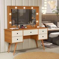 Penteadeira Camarim Com Led Espelho Bancada De Maquiagem Pé Madeira Retrô 5 Gaveta Nature / Offwhite - 2