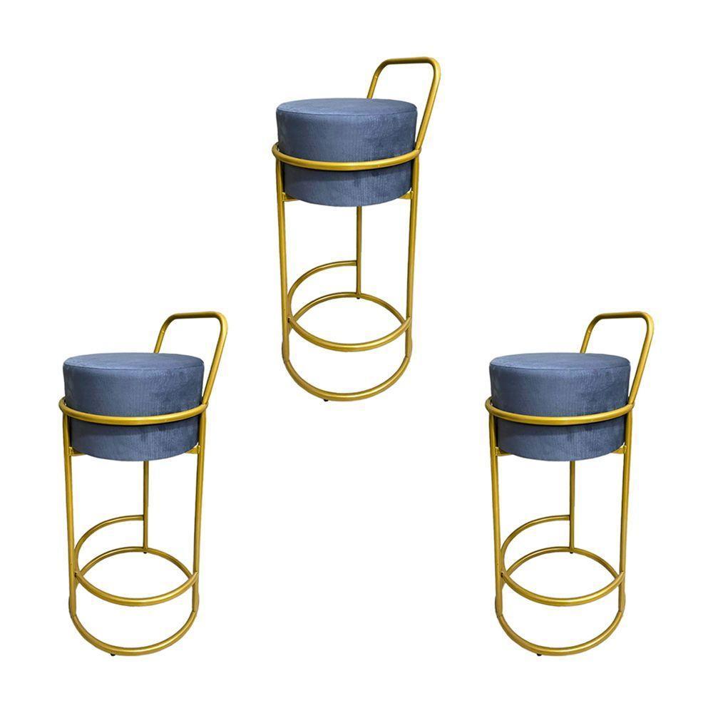 Kit 3 Banquetas Alta Redonda Base Dourada Veludo - Cinza - 1