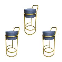 Kit 3 Banquetas Alta Redonda Base Dourada Veludo - Cinza - 1