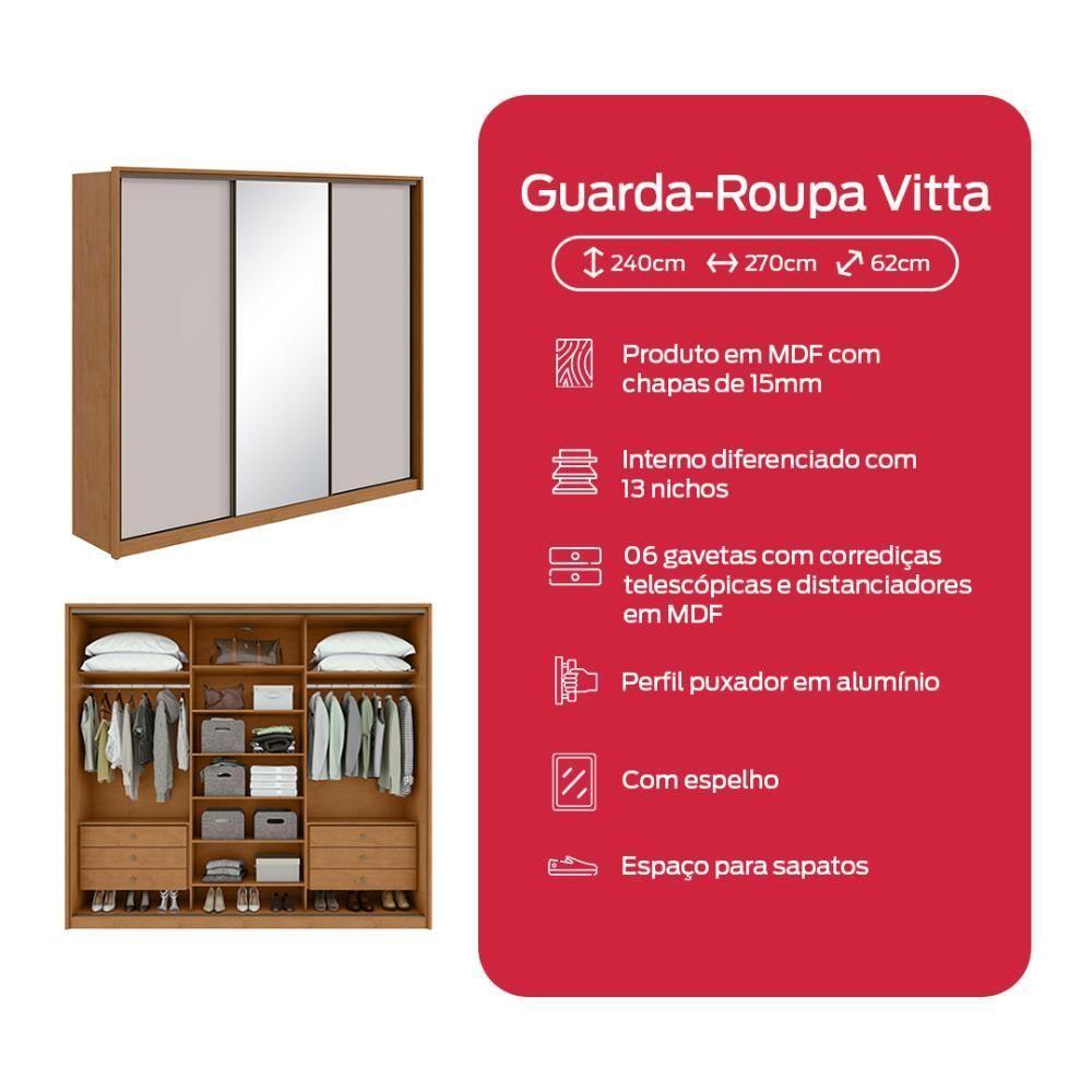 Guarda-roupa Casal 100% Mdf 3 Portas 6 Gavetas Vitta 2,70 Glass Amendoa/off White - 6