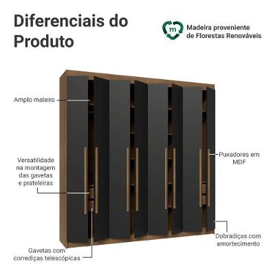 Guarda Roupa Casal Venus 8 Portas Batentes 4 Gavetas Rustic-Preto-Rustic Madesa
