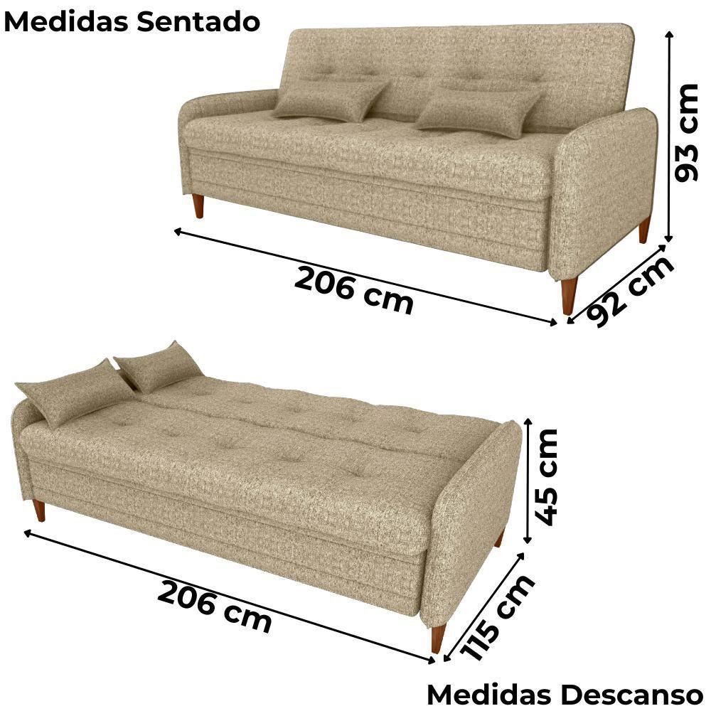 Sofa Cama 2 Lugares 206 Cm Donna Linho Vancouver E488 Palha Milani Store Palha - 3