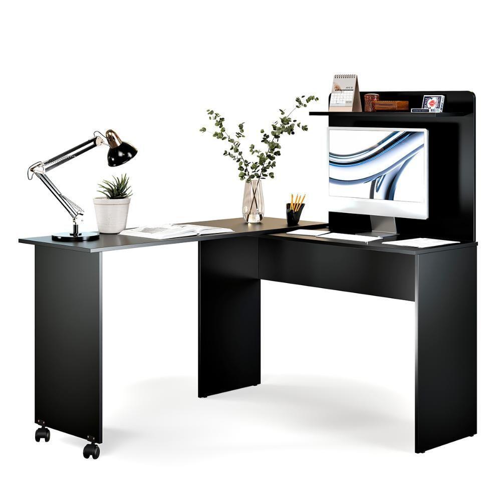 Escrivaninha Em L 2 Em 1 Com Rodízios E Prateleira Preto - 1