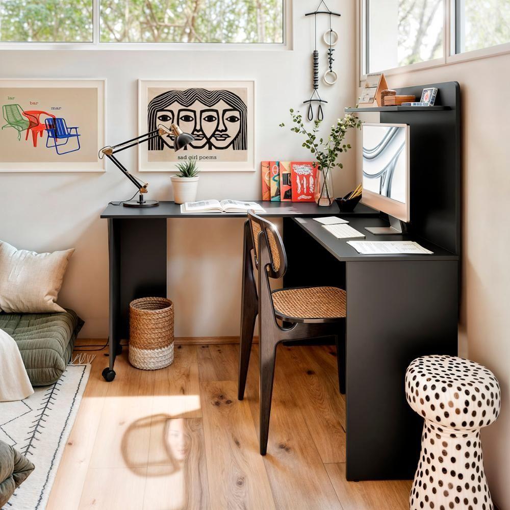 Escrivaninha Em L 2 Em 1 Com Rodízios E Prateleira Preto - 2