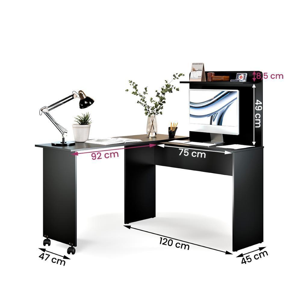 Escrivaninha Em L 2 Em 1 Com Rodízios E Prateleira Preto - 4