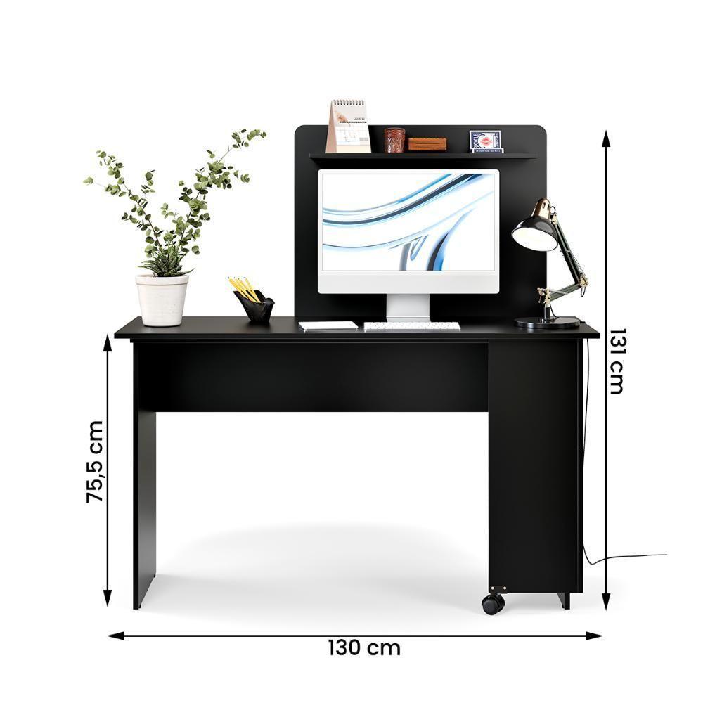 Escrivaninha Em L 2 Em 1 Com Rodízios E Prateleira Preto - 5