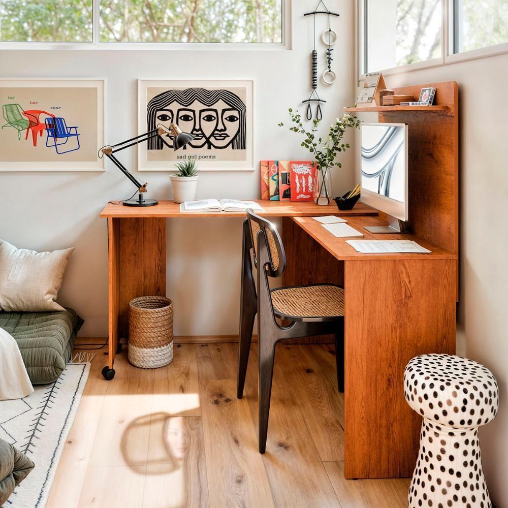 Escrivaninha Em L 2 Em 1 Com Rodízios E Prateleira Freijo - 2