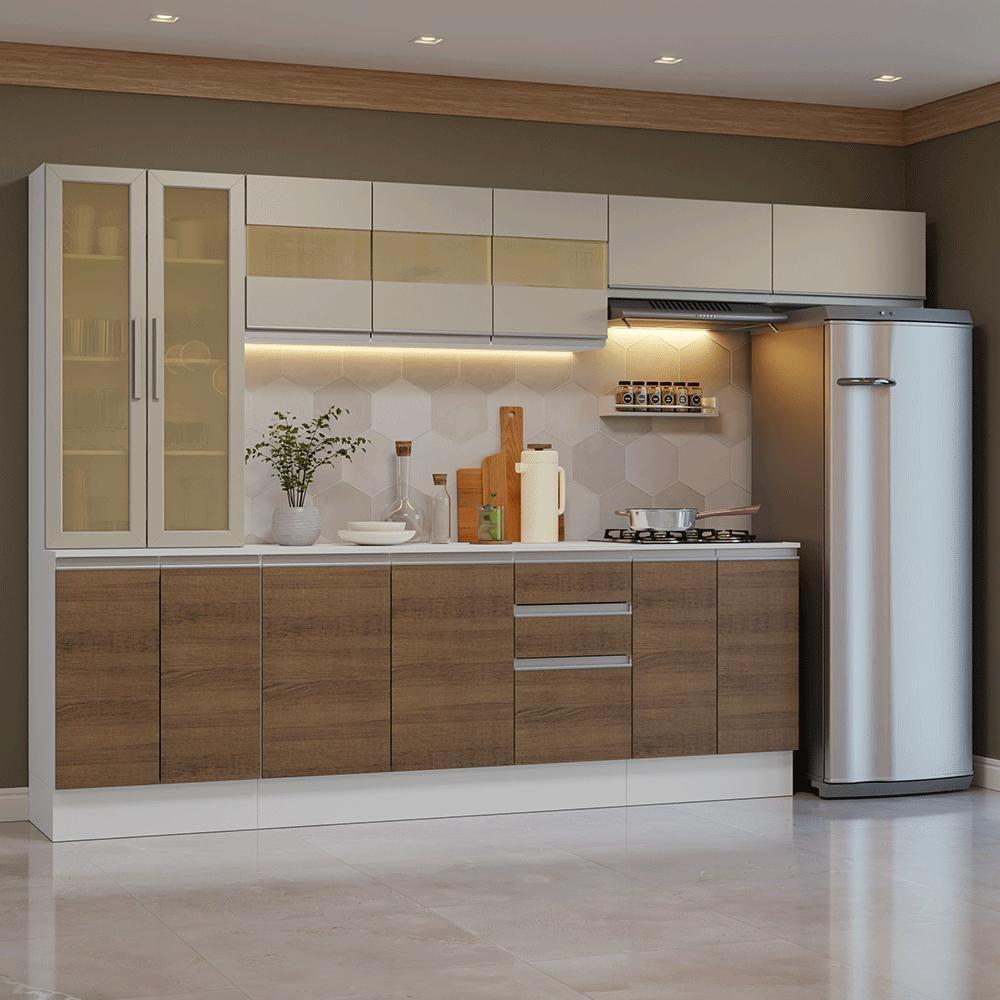 Armário De Cozinha Completa 100% Mdf 300 Cm Smart Madesa 04 Branco/rustic/crema - 1