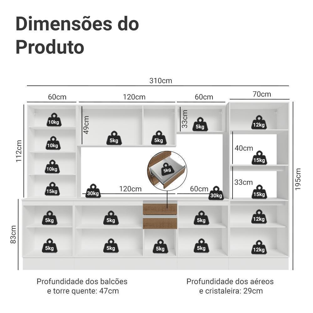 Armário De Cozinha Completa 100% Mdf 310 Cm Smart Madesa 03 Branco/rustic/crema - 3