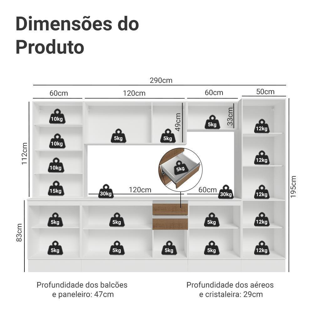 Armário De Cozinha Completa 100% Mdf 290 Cm Smart Madesa 01 Branco/rustic/crema - 3