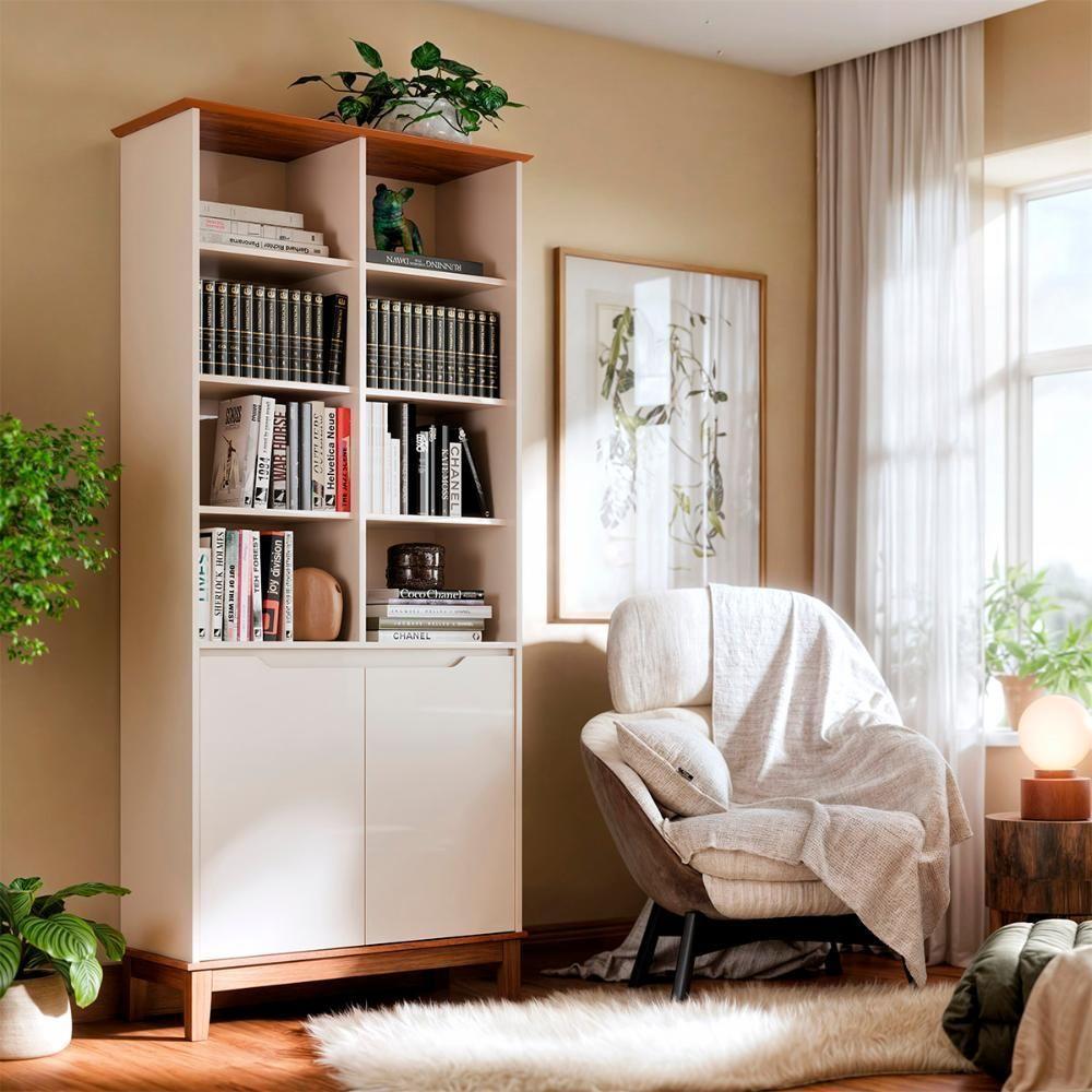 Livreiro Ej Flow 2 Portas 6 Prateleiras Com Pés Madeira Off White/Freijo - 2