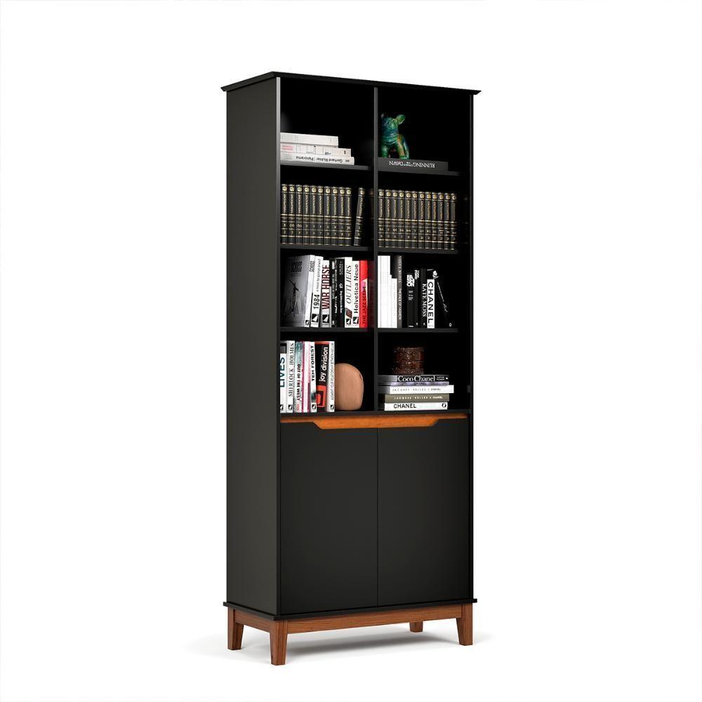 Livreiro Ej Flow 2 Portas 6 Prateleiras Com Pés Madeira Preto - 1