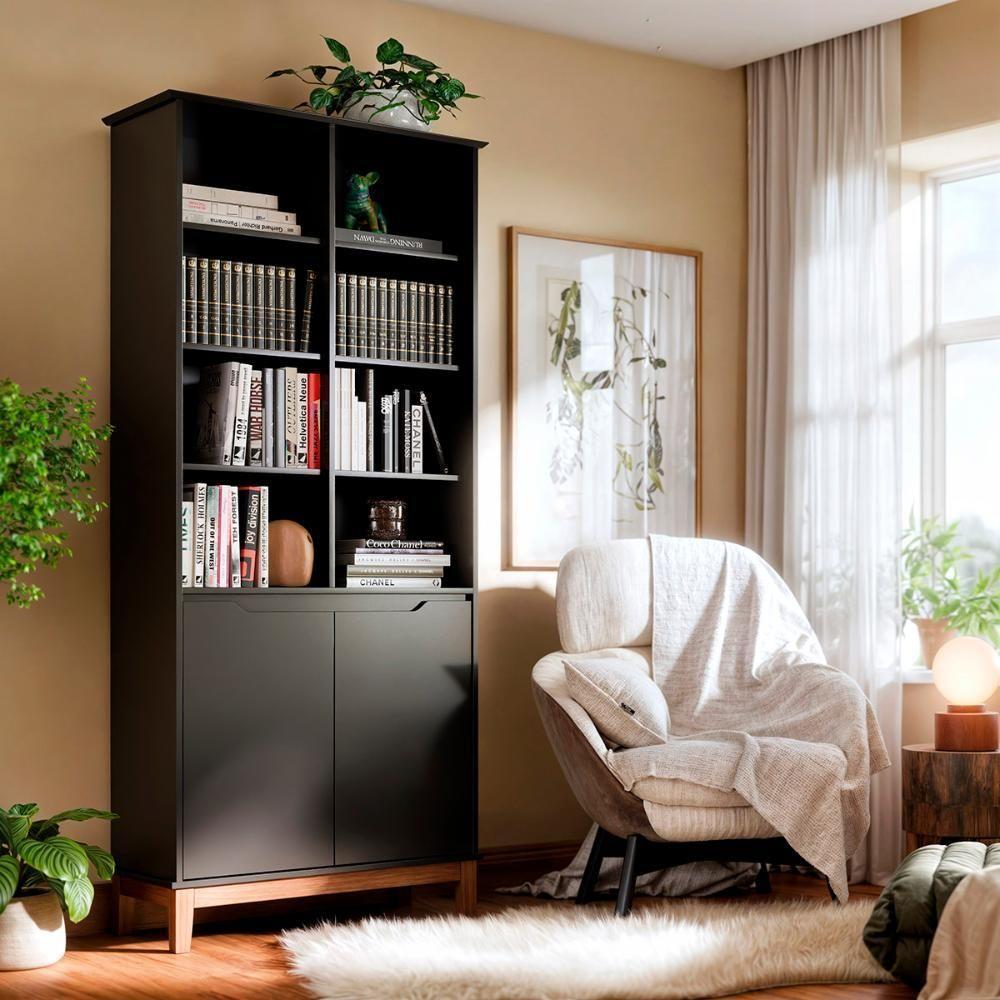 Livreiro Ej Flow 2 Portas 6 Prateleiras Com Pés Madeira Preto - 2