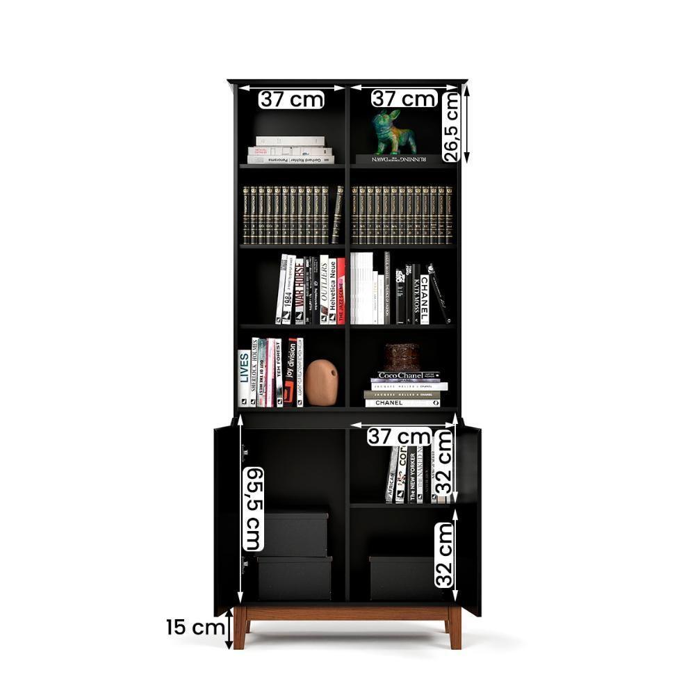 Livreiro Ej Flow 2 Portas 6 Prateleiras Com Pés Madeira Preto - 5