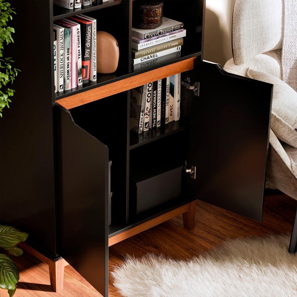 Livreiro Ej Flow 2 Portas 6 Prateleiras Com Pés Madeira Preto - 6