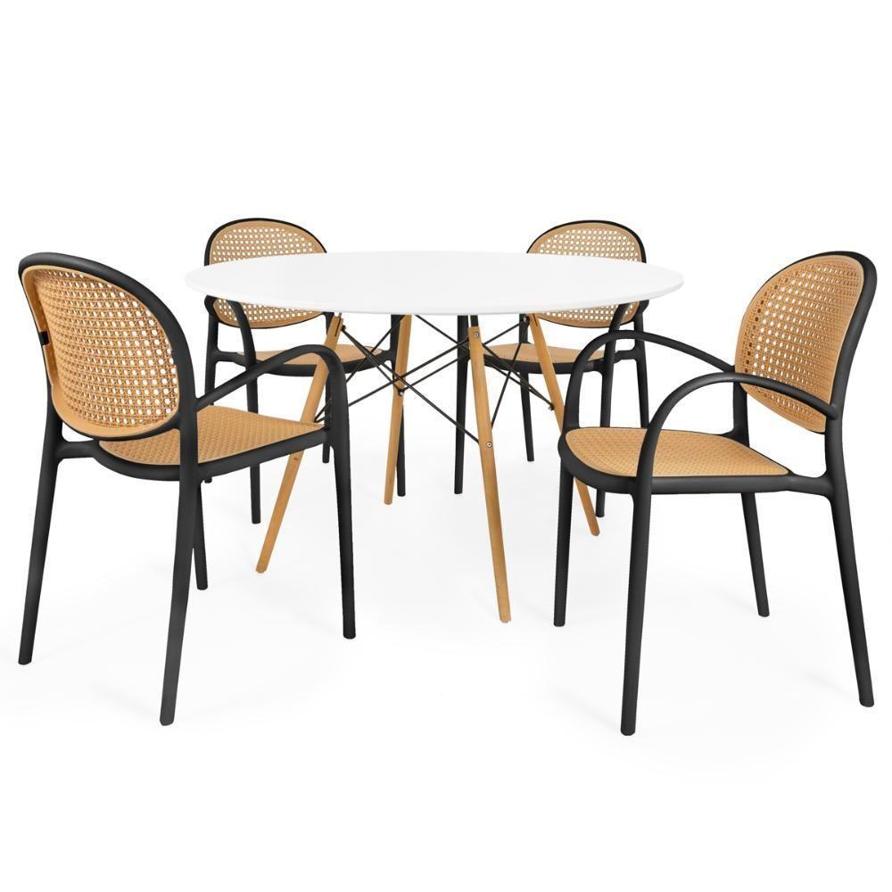 Conjunto Mesa De Jantar Redonda Eiffel Branca 120cm Com 4 Cadeiras Roma Com Braço - Preto - 1