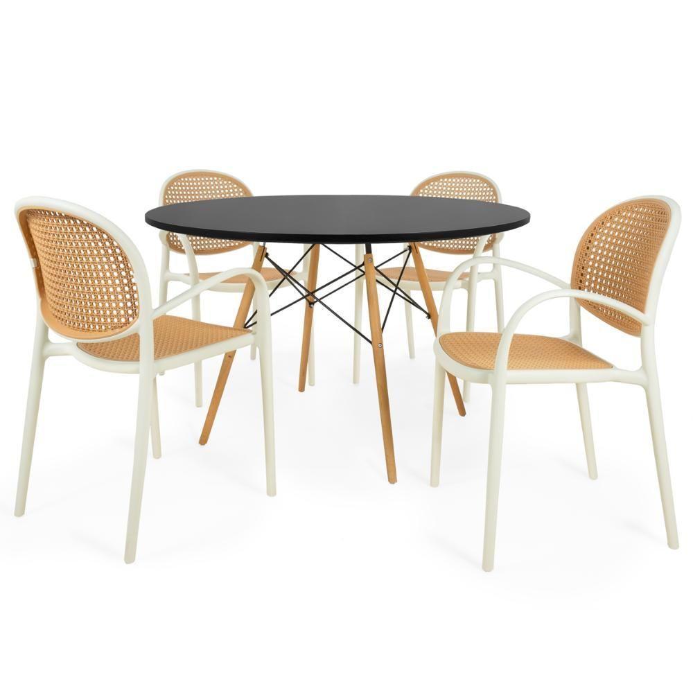 Conjunto Mesa De Jantar Redonda Eiffel Preta 120cm Com 4 Cadeiras Roma Com Braço - Bege - 1