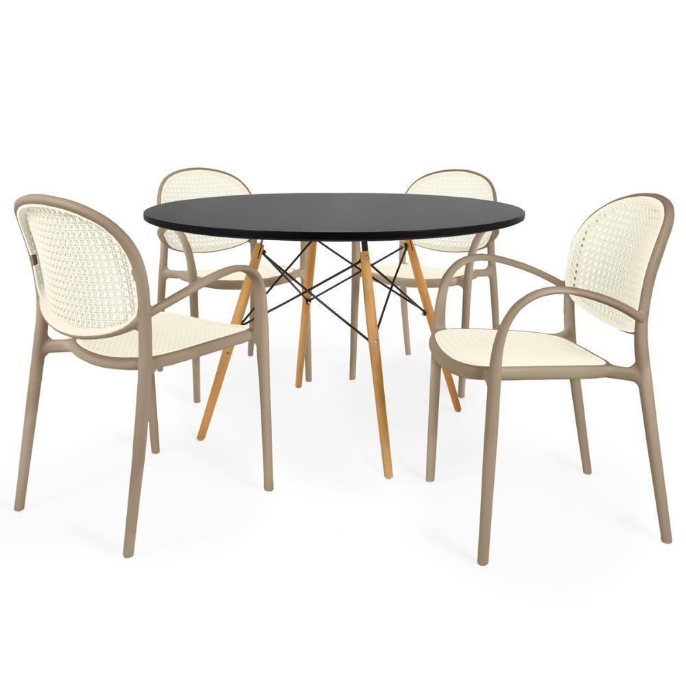 Conjunto Mesa De Jantar Redonda Eiffel Preta 120cm Com 4 Cadeiras Roma Com Braço - Branco/cinza Escuro - 1
