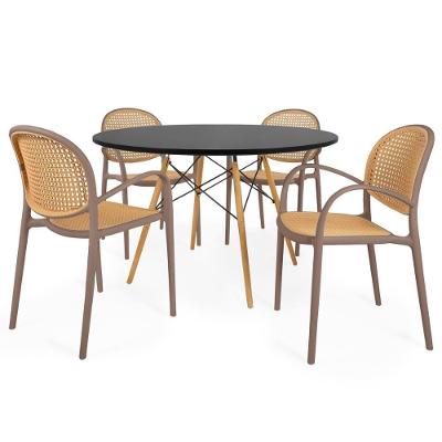 Conjunto Mesa De Jantar Redonda Eiffel Preta 120cm Com 4 Cadeiras Roma Com Braço - Marrom Claro