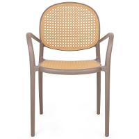 Conjunto Mesa De Jantar Redonda Eiffel Branca 120cm Com 4 Cadeiras Roma Com Braço - Marrom Claro