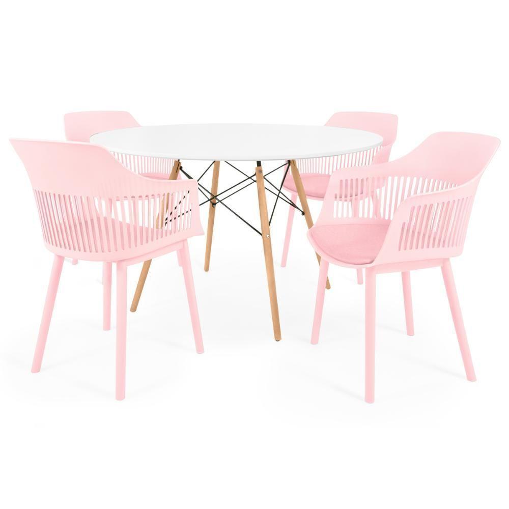 Conjunto Mesa De Jantar Redonda Eiffel Branca 120cm Com 4 Cadeiras Marcela - Rosa - 1