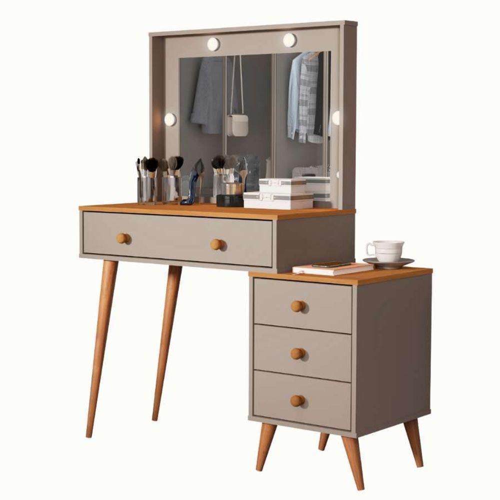 Penteadeira Camarim Com Mesa De Cabeceira Espelho Led 4 Gavetas Pés Em Madeira Cinza / Nature - 1