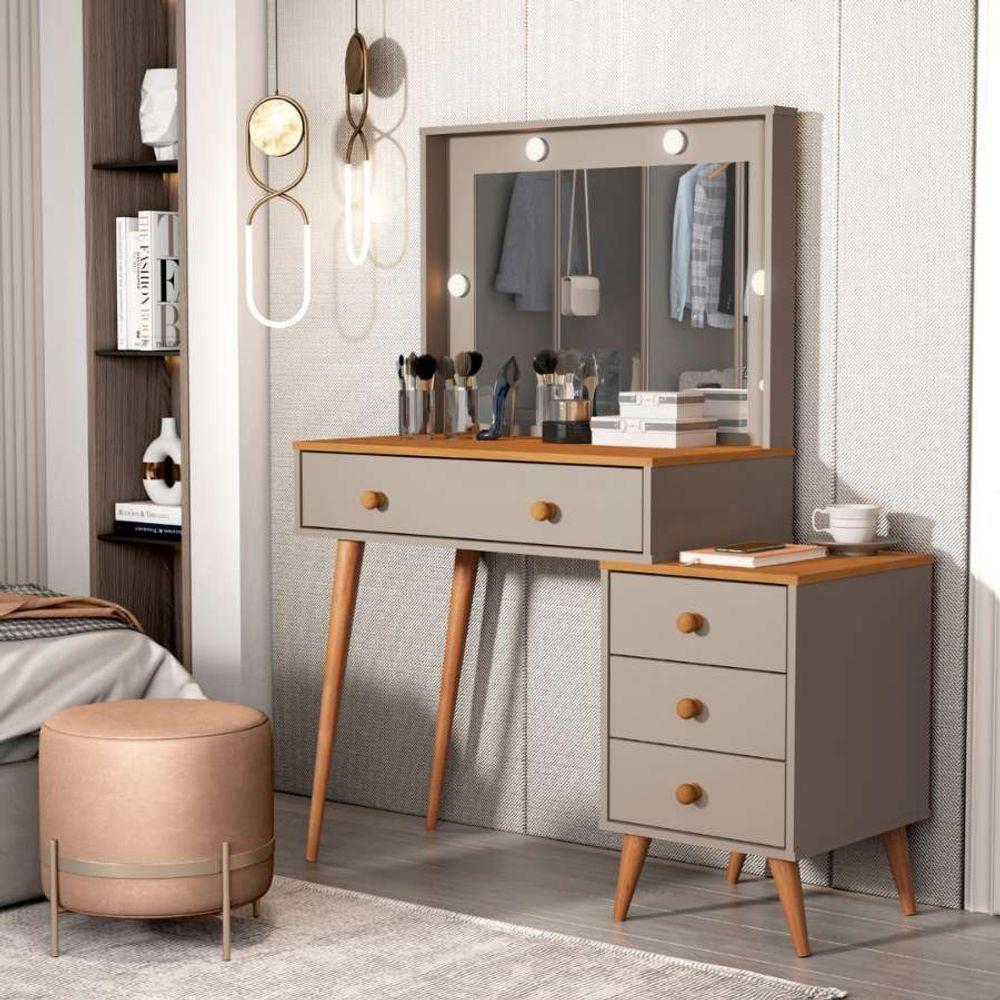 Penteadeira Camarim Com Mesa De Cabeceira Espelho Led 4 Gavetas Pés Em Madeira Cinza / Nature - 2