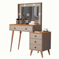 Penteadeira Camarim Com Mesa De Cabeceira Espelho Led 4 Gavetas Pés Em Madeira Cinza / Nature - 1