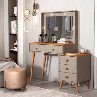 Penteadeira Camarim Com Mesa De Cabeceira Espelho Led 4 Gavetas Pés Em Madeira Cinza / Nature - 2