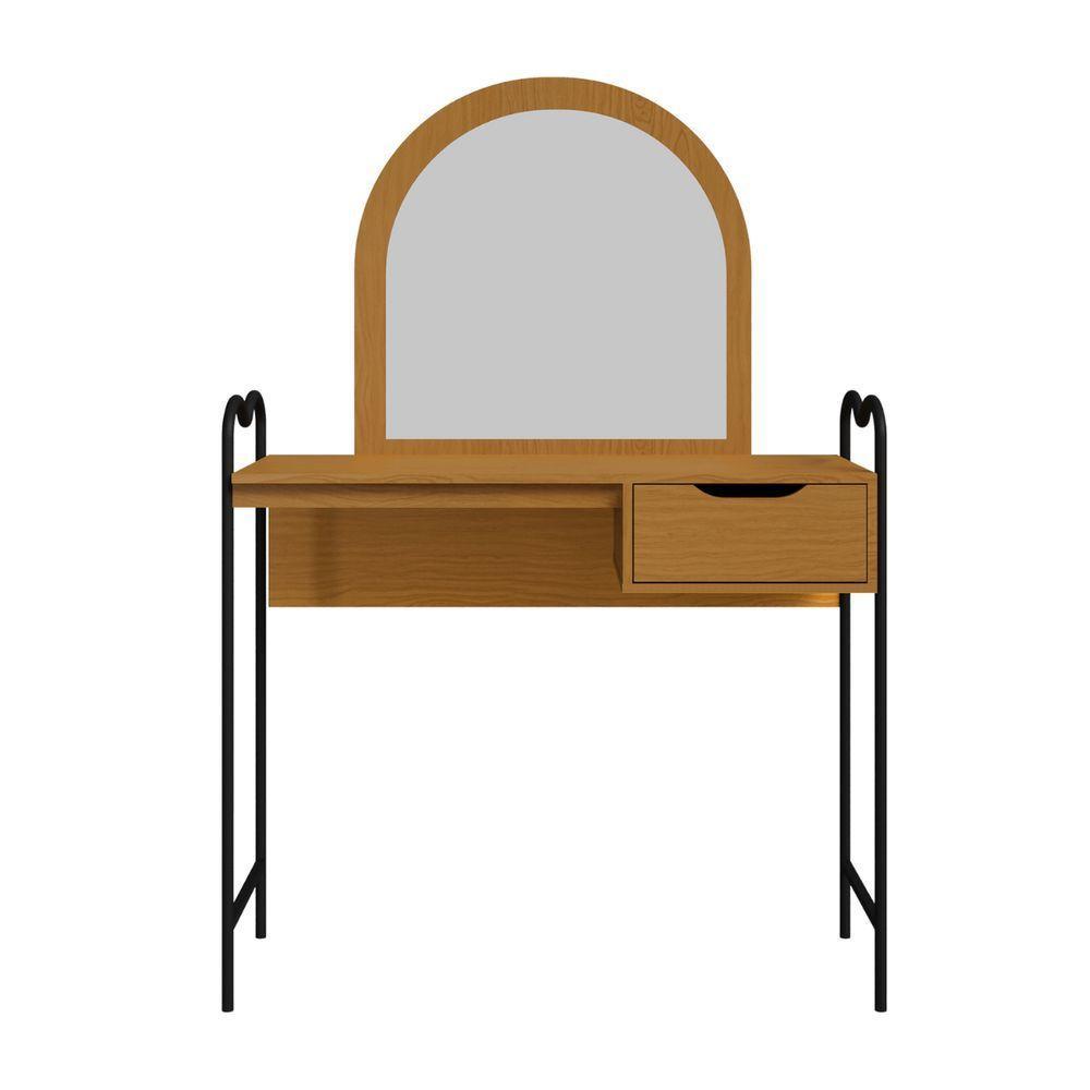 Penteadeira Camarim Bancada Maquiagem Espelho Gaveta Estilo Industrial Pé De Ferro Nature - 2