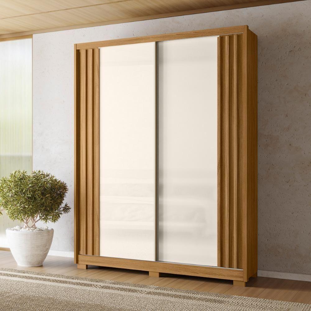 Guarda Roupa 2 Portas Ripadas Espelhada Wow Freijó Off White - 2