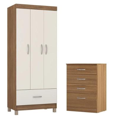 Conjunto Guarda Roupa Casal e Cômoda Jones 3 Portas de Correr 5 Gavetas