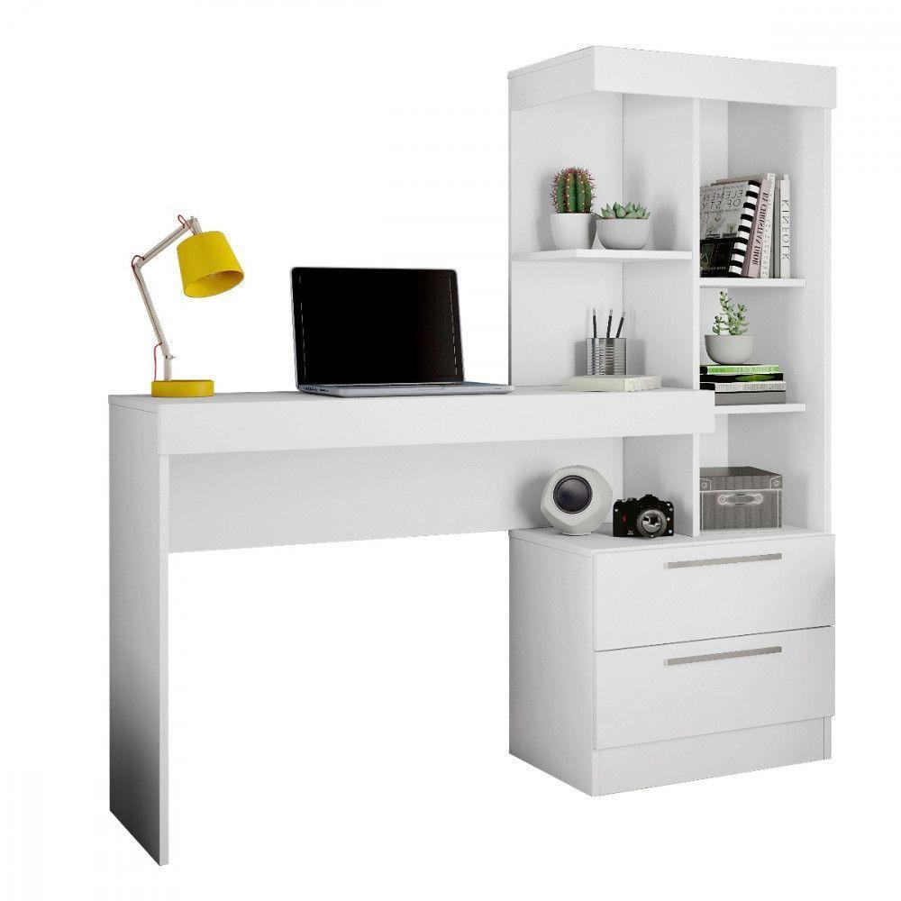 Mesa Para Escritório Com Estante E 2 Gavetas Office Branco - 1