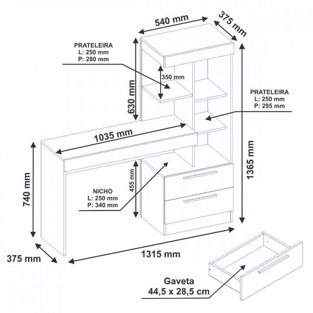 Mesa Para Escritório Com Estante E 2 Gavetas Office Branco - 4