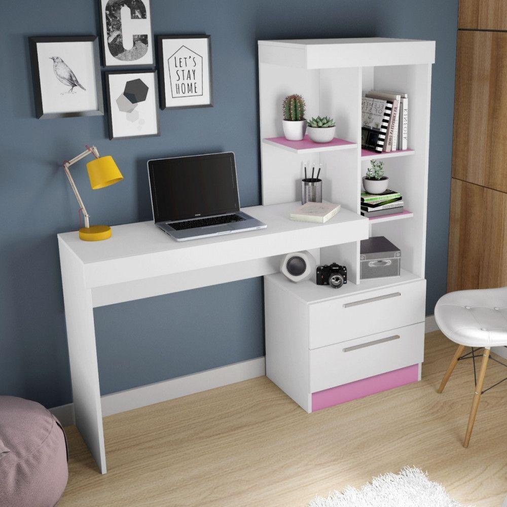 Mesa Para Escritório Com Estante E 2 Gavetas Office Branco - 5