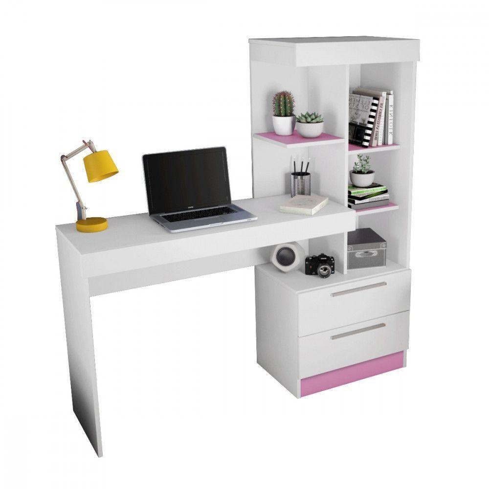 Mesa Para Escritório Com Estante E 2 Gavetas Office Branco - 6