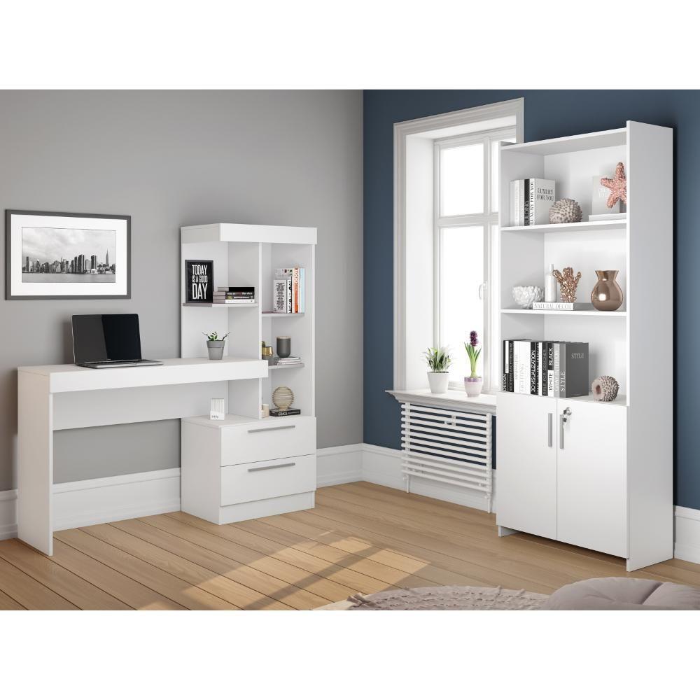 Conjunto Para Escritório 2 Peças Com Mesa E Armário Branco - 1