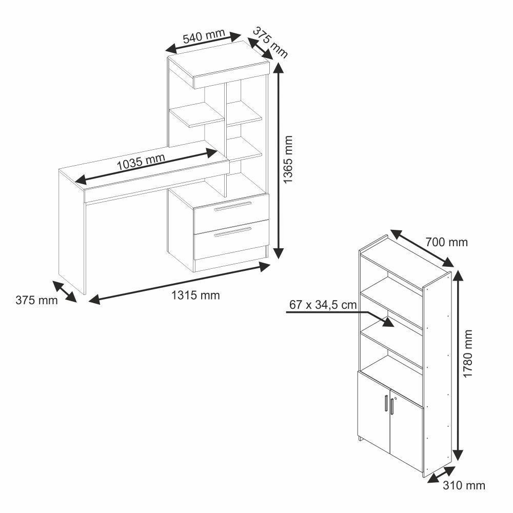 Conjunto Para Escritório 2 Peças Com Mesa E Armário Branco - 2