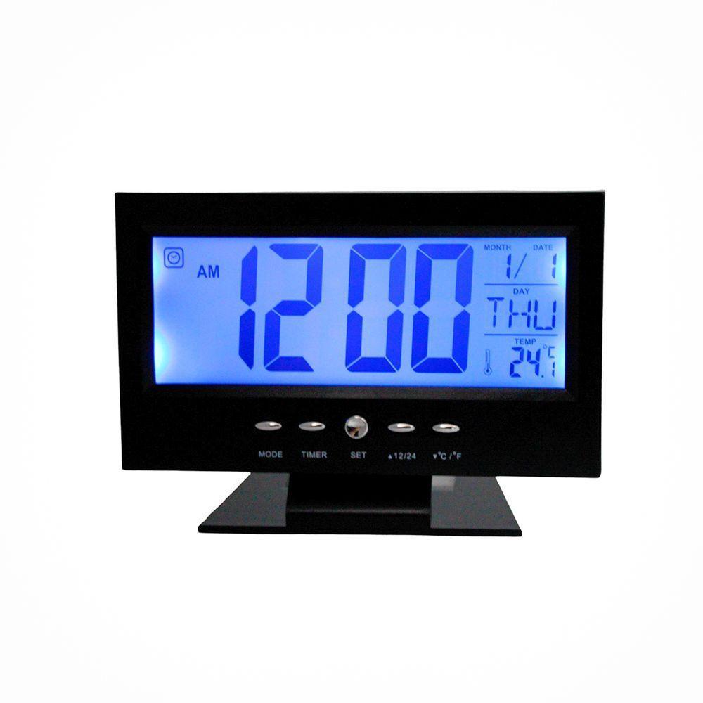 Relogio De Mesa Digital Lcd Led Acionamento Sonoro Despertador Termometro Preto - 4