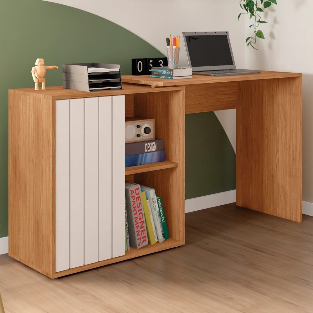 Mesa Para Escritório Home Office 1 Porta Ripada Tech Freijó/off White - Caemmun - 2