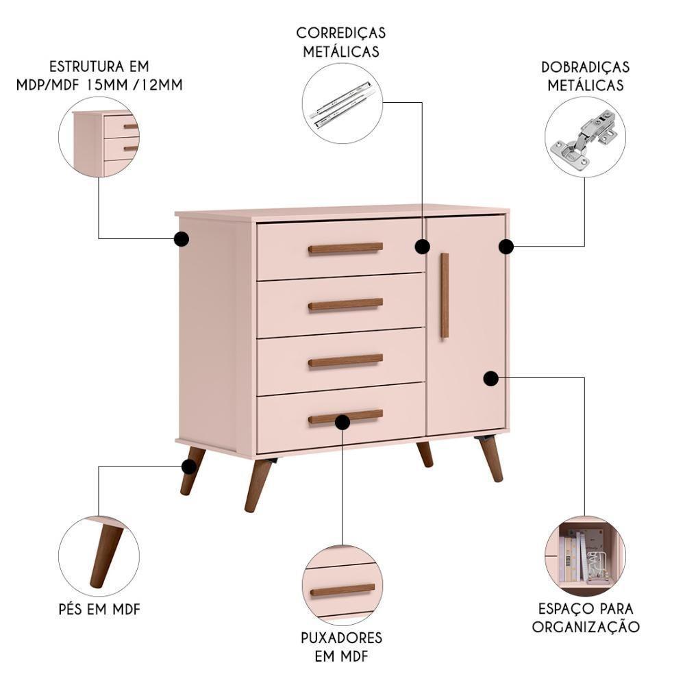 Quarto Infantil 3 Peças Com Berço Q Encanto Retrô Rosa - Qmovi - 6