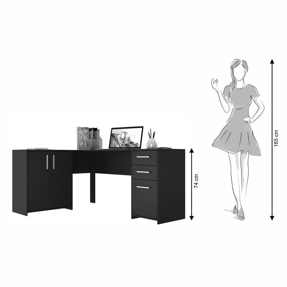 Conjunto Para Escritório 2 Peças Com Escrivaninha Em L E Armário Multiuso 4 Portas Preto Tx Notável Móveis Preto Tx - 3