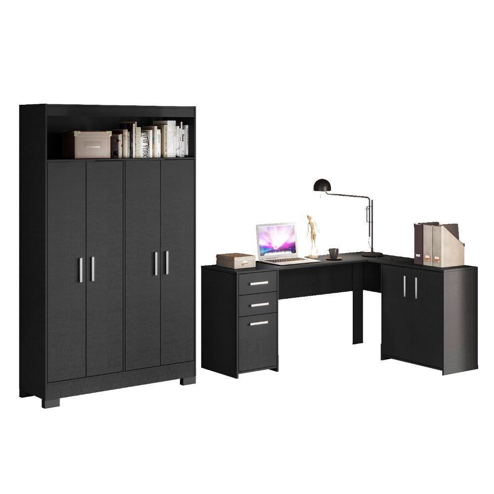 Conjunto Para Escritório 2 Peças Com Escrivaninha Em L E Armário Multiuso 4 Portas Preto Tx Notável Móveis Preto Tx - 4