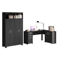 Conjunto Para Escritório 2 Peças Com Escrivaninha Em L E Armário Multiuso 4 Portas Preto Tx Notável Móveis Preto Tx